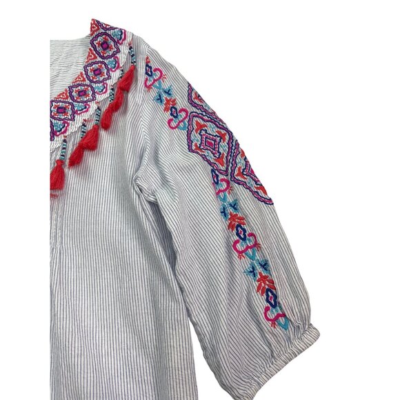 Chico's Womens Boho Embroidered Tassel Tunic Top Size M Petite Pinstripe Cotton - Picture 4 of 11